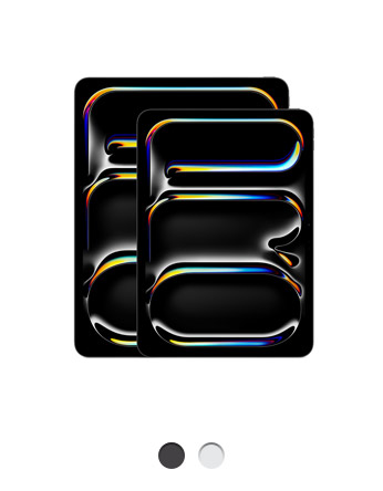 Imagem da parte da frente do iPad Pro de 13 polegadas e do iPad Pro de 11 polegadas com cantos arredondados e borda preta, disponíveis em duas cores