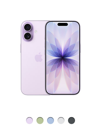 Parte de trás do iPhone 17 lavanda com sistema de câmera dupla Fusion e logotipo da Apple no centro, parte da frente com tela de ponta a ponta, Dynamic Island centralizada perto da parte superior e borda fina preta. Disponível em cinco cores
