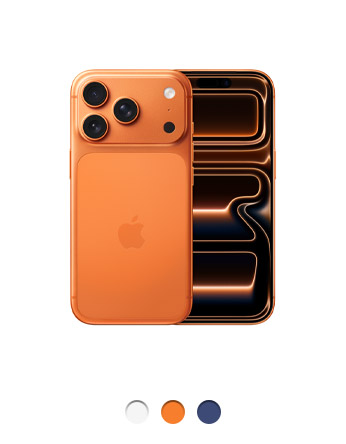Parte de trás do iPhone 17 Pro laranja-cósmico com o sistema de câmera Fusion Pro no canto superior esquerdo, três lentes, flash e logotipo da Apple no centro. Parte da frente com Dynamic Island centralizada perto da parte superior, tela de ponta a ponta, disponível em três cores