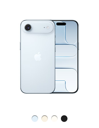 Parte de trás do iPhone Air azul-céu com sistema de câmera Fusion e logotipo da Apple no centro, parte da frente com tela com borda fina preta e Dynamic Island, botão lateral e Controle da Câmera. Disponível em quatro cores