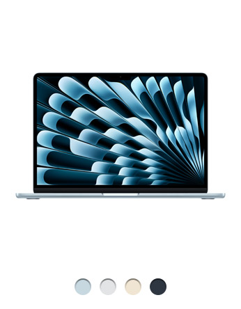 MacBook Air azul-céu aberto mostrando a tela Liquid Retina, bordas arredondadas e pés elevados. Disponível em quatro cores
