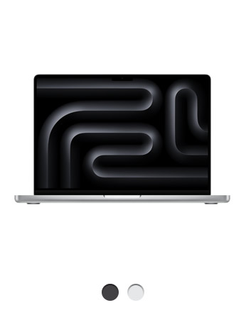 MacBook Pro prateado aberto mostrando a tela Liquid Retina XDR, bordas arredondadas e pés elevados. Disponível em duas cores