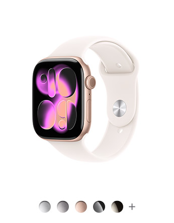 Apple Watch Series 11 com caixa rosa de alumínio, pulseira esportiva blush-clara, Digital Crown, disponível em quatro cores com caixa de alumínio e em três cores com caixa de titânio