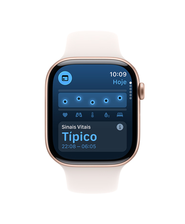 Apple Watch Series 11 com caixa cor de ouro rosa de alumínio, pulseira esportiva blush-clara e lateral direita com Digital Crown, app Sinais Vitais, gráfico de pontuação de saúde, notificação típica de sinais vitais noturnos.