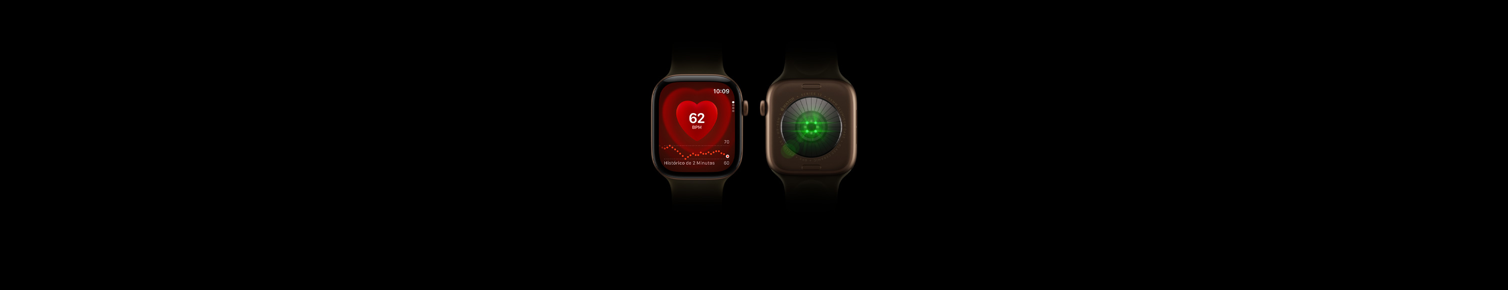 Dois relógios Apple Watch Series 12 com caixa de alumínio bronze-escuro e pulseira esportiva oliva. Um mostra a parte da frente do relógio com o app Batimentos, e o outro mostra a parte de trás com o sistema de sensores de saúde e luzes LED verdes brilhantes