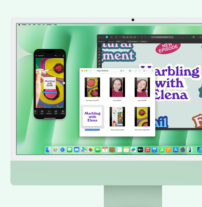 iMac verde. O recurso Espelhamento do iPhone em uso. Um arquivo sendo arrastado do iMac para a tela espelhada do iPhone