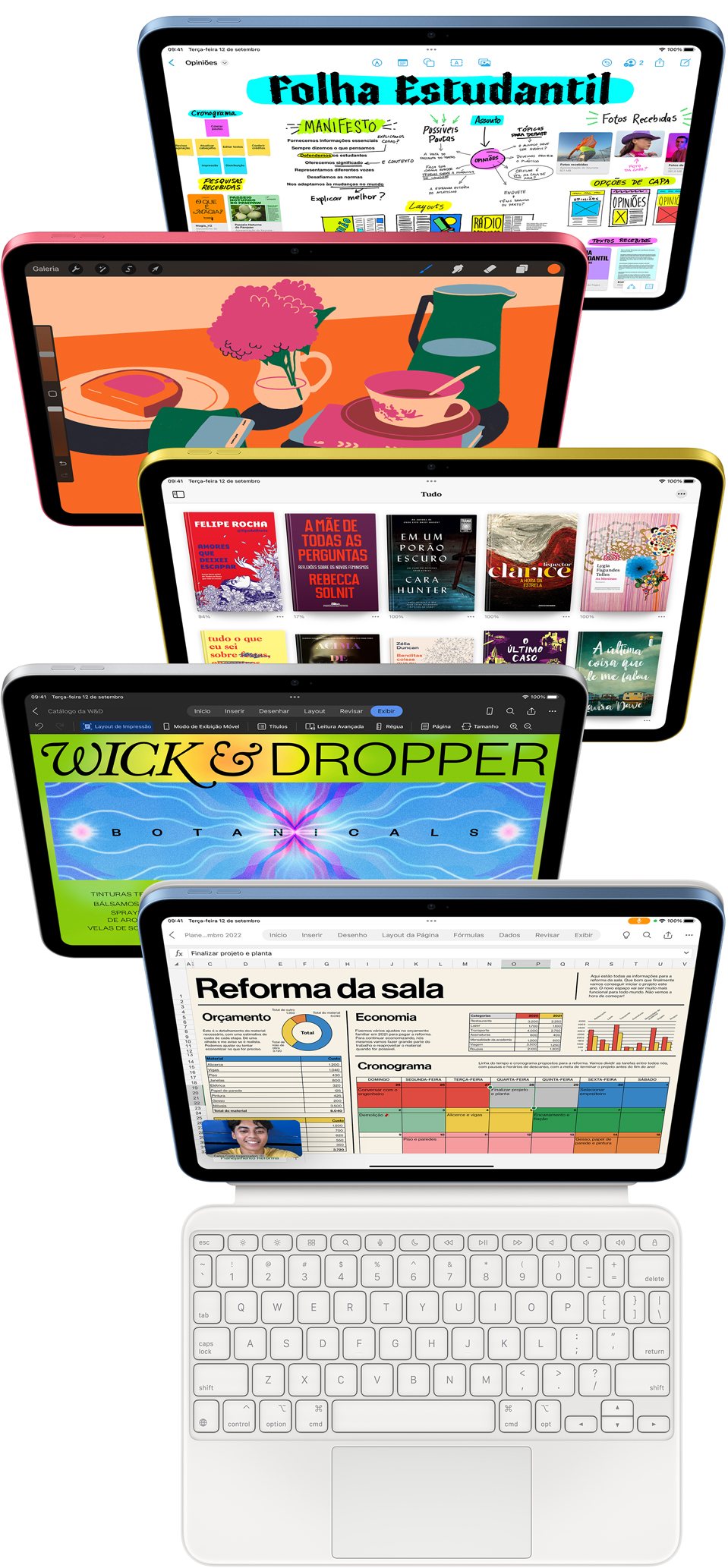 Imagem da tela de vários aparelhos iPad mostrando diferentes apps da Apple e da App Store.