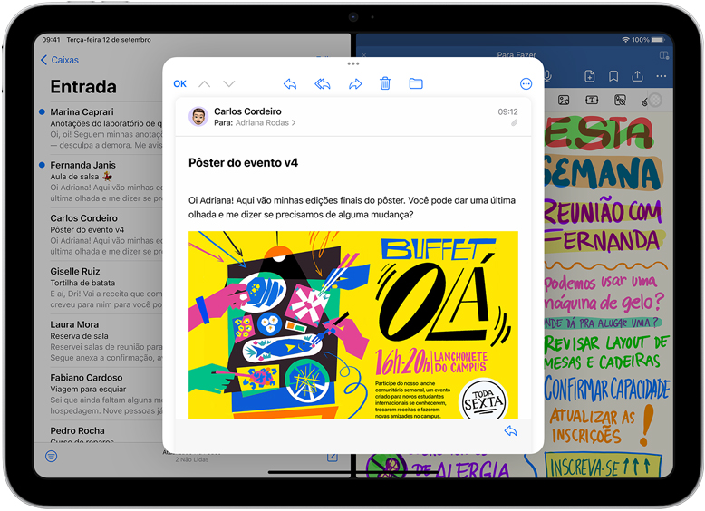 Imagem do iPad que mostra os apps Mail e GoodNotes abertos lado a lado. Há uma mensagem de e-mail aberta em uma janela separada.
