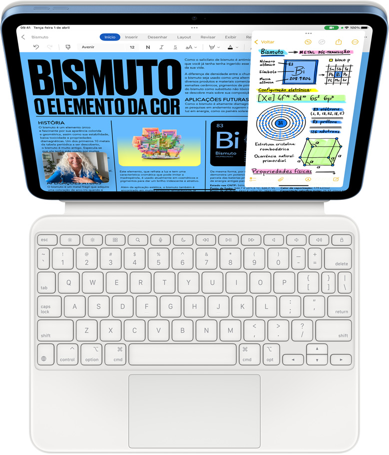 Imagem de um iPad conectado ao Magic Keyboard Folio. A tela mostra os apps Microsoft Word e Notas em Slide Over durante uma chamada FaceTime.