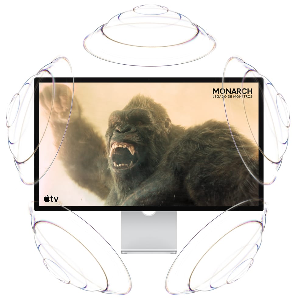 Promoção do Apple TV, título: Monarch: Legado de Monstros, King Kong segura um punho no ar e rosna