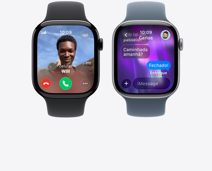 Cinco aparelhos Apple Watch Series 11, chamada recebida, foto de contato, botões para aceitar e recusar a chamada, conversa do iMessage