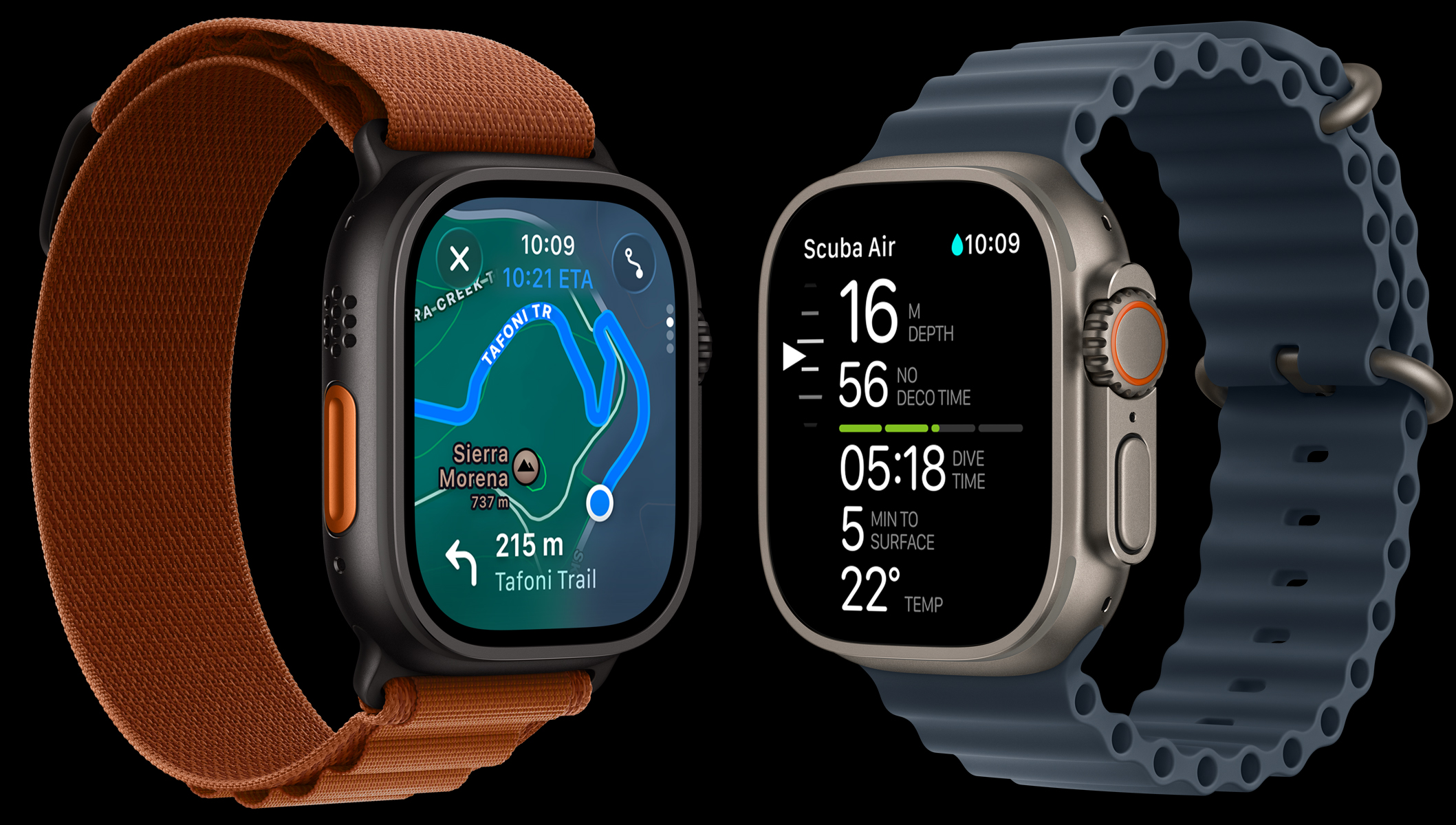 Apple Watch Ultra 3 devices, titanium cases, black and natural colours, trail map, diving metrics