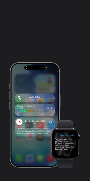 iPhone 17 Pro affichant une séance d’écoute en temps réel en cours avec des sous-titres pour le son capté et Apple Watch Series 11 affichant les sous-titres en direct produits avec ce même enregistrement