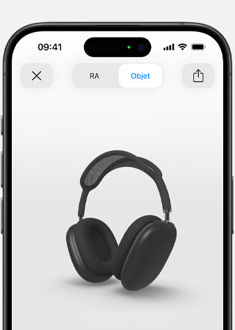 Image d’AirPods Max gris cosmique en réalité augmentée sur iPhone.