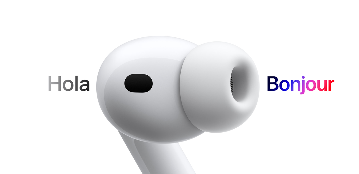 AirPods Pro 3, écouteur avec embout en silicone, traduction en direct du texte espagnol « hola » en texte français « bonjour »