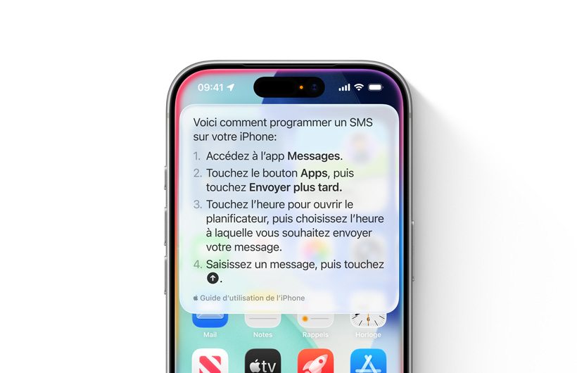 Un iPhone où est affichée une explication détaillée de la marche à suivre pour programmer l’envoi d’un texto