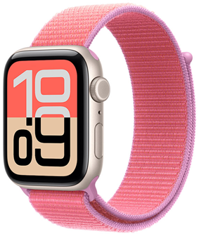 Apple Watch SE 3, boîtier en aluminium, comète, cadran Flux, côté droit, Digital Crown, microphone, bouton latéral, bracelet sport à rabat jaune fluo, fermeture à languette