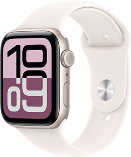 Apple Watch SE 3, boîtier en aluminium, comète, cadran Flux, côté droit, Digital Crown, microphone, bouton latéral, bracelet sport comète, fermoir à clou et passant argent