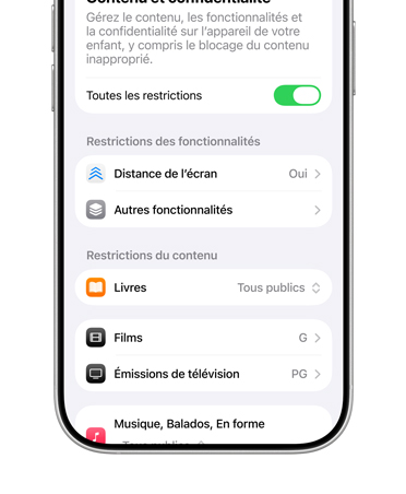iPhone affichant le contenu et les options de restrictions de confidentialité d’un compte pour enfant.