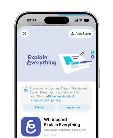 iPhone affichant la page de produit Explain Everything Whiteboard dans l’App Store, avec une invitation à refuser ou approuver l’accès pour un compte pour enfant.