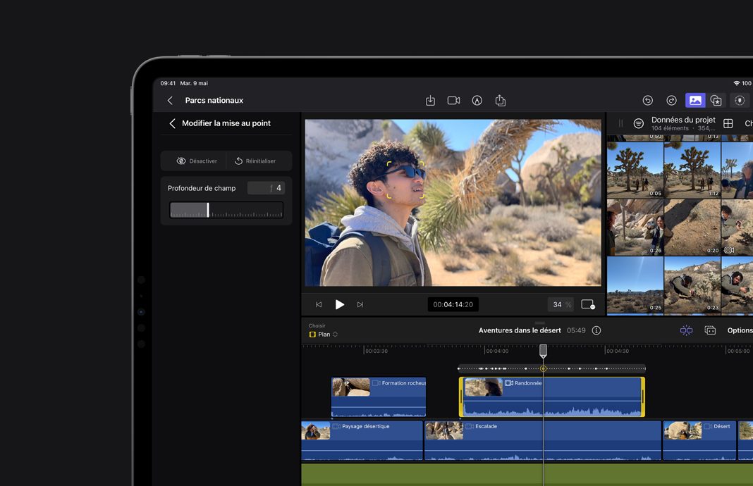 Montage dans Final Cut Pro pour iPad d’images tournées en mode Cinématographique sur iPhone et montrant un jeune homme à l’avant-plan.
