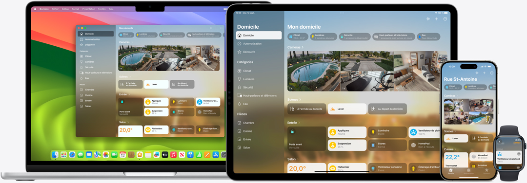 L’interface de l’app Domicile affichée sur un Mac, un iPad, un iPhone et une Apple Watch.
