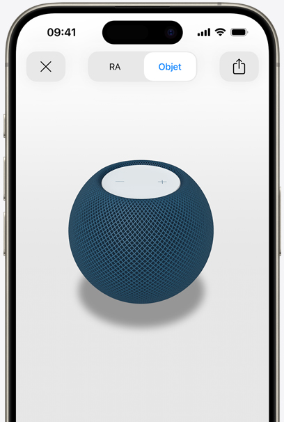 HomePod bleu en RA sur l’écran d’un iPhone.