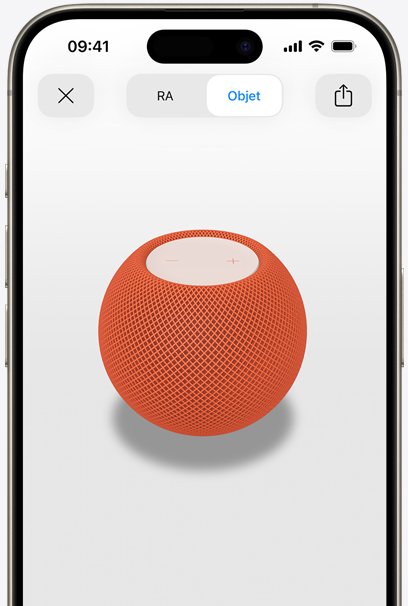 HomePod orange en RA sur l’écran d’un iPhone.