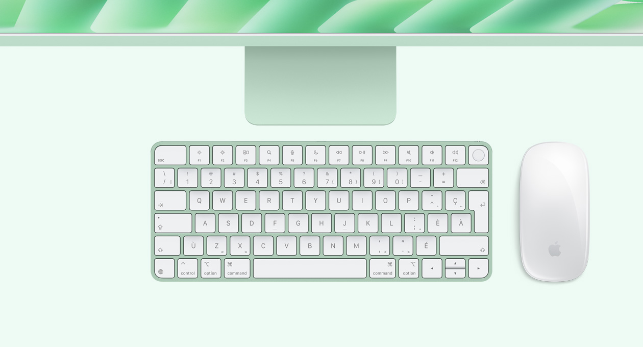 iMac, couleur verte, vue du dessus, avec Magic Mouse et Magic Keyboard avec Touch ID