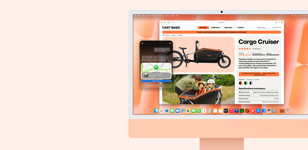 iMac, face avant, couleur orange, affichant une conversation avec Siri A I pour obtenir des recommandations d’itinéraires à vélo, et le navigateur Safari avec un site web de vélo