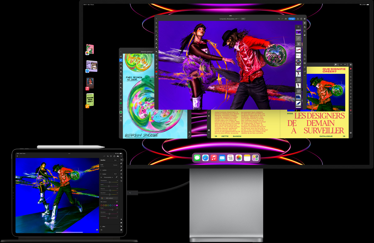 Un iPad Pro montrant l’app Luma Fusion est connecté à un moniteur illustrant le multitâche dans Stage Manager