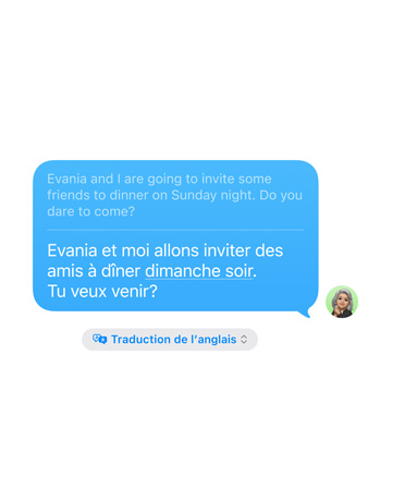 Traduction en direct dans Messages montrant une traduction de l’anglais au français