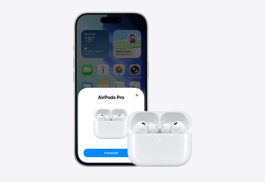 Face avant d’un iPhone avec fenêtre contextuelle de connexion des AirPods, AirPods dans un étui ouvert à côté du iPhone
