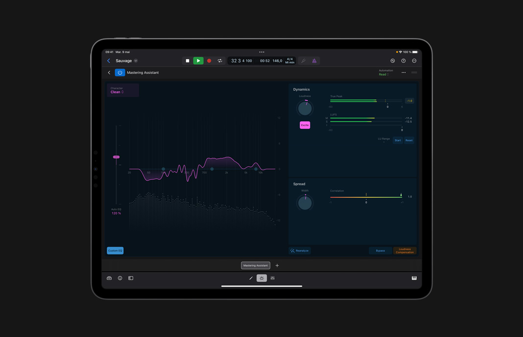 Interface de l’assistant de masterisation montrant les réglages Égaliseur, Dynamiques et Vitesse dans LogicPro pour iPad sur un iPad Pro.