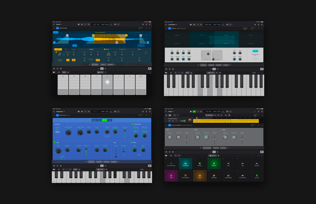 Un iPad Pro affichant de multiples effets sonores d’instruments peaufinés dans Logic Pro pour iPad.