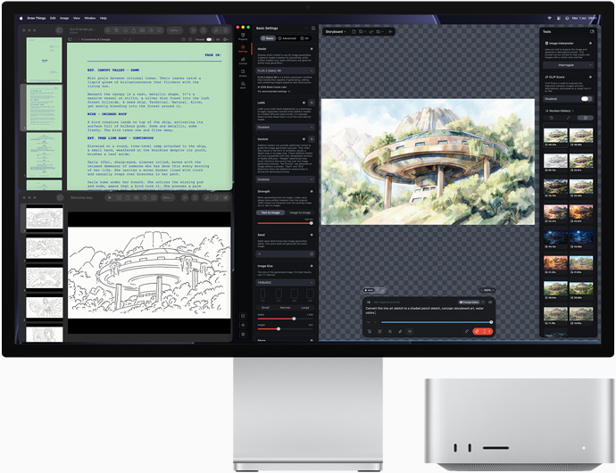 Studio Display XDR, écran affichant des dessins architecturaux dans Draw Things, Pages et Keynote, Mac Studio, vue avant