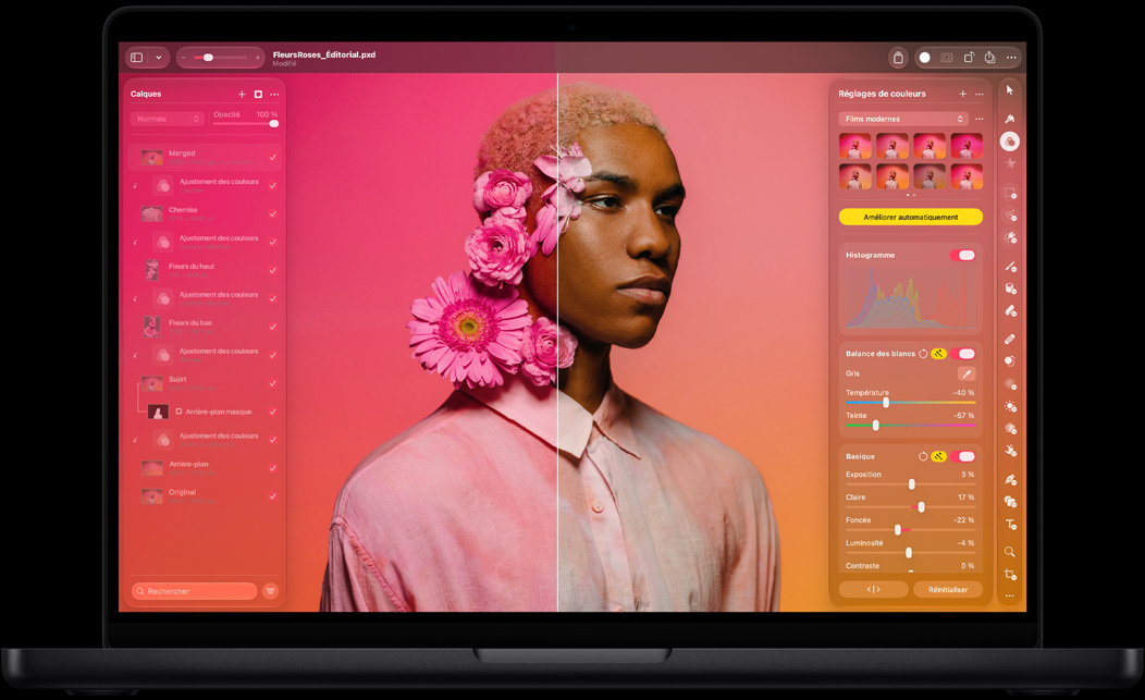 Écran montrant Pixelmator Pro, portrait scindé en versions avant et après, fleurs roses dans les cheveux du sujet, côté gauche aux tons roses vifs, côté droit aux tons neutres, panneau des calques à gauche, panneau de réglage des couleurs à droite