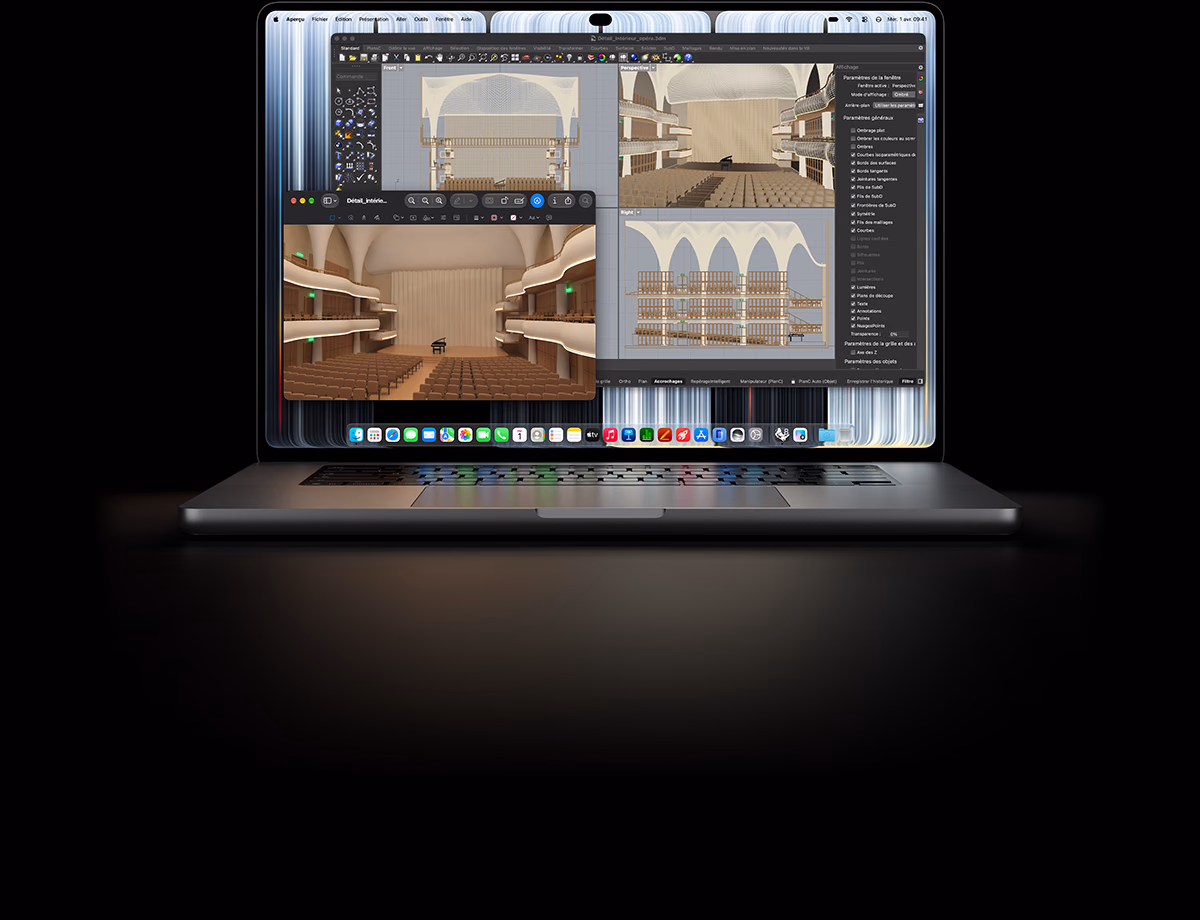 MacBook Pro 16 pouces avec écran PROLED XDR, couleur argent, écran montrant la modélisation d’un objet dans Rhino