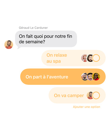 Fonctionnalité Sondages dans Messages, les gens de la conversation de groupe votent pour décider où aller durant la fin de semaine