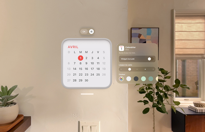 Le widget Calendrier indiquant le premier avril flotte sur le mur, le widget Rappels s’affiche au-dessus, et des options de personnalisation de l’épaisseur et de la couleur du cadre figurent à droite