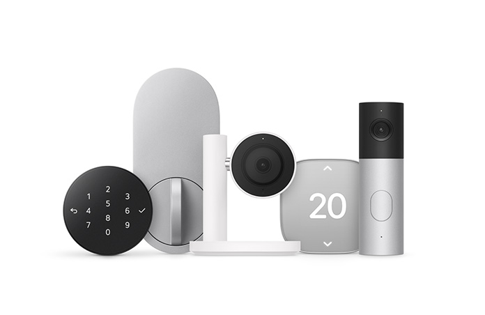 Smart home accessories: keypad door lock, deadbolt lock, camera on stand, thermostat, video doorbell