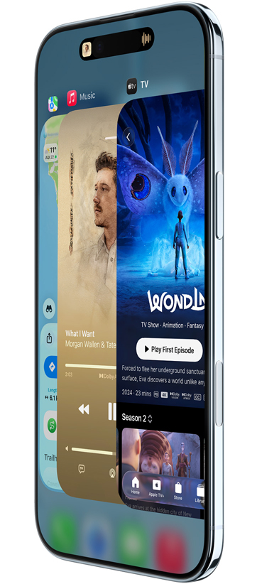 iPhone Air, front exterior, side exterior, with Maps, Music and Apple TV+ apps, showcasing the App Switcher feature in use