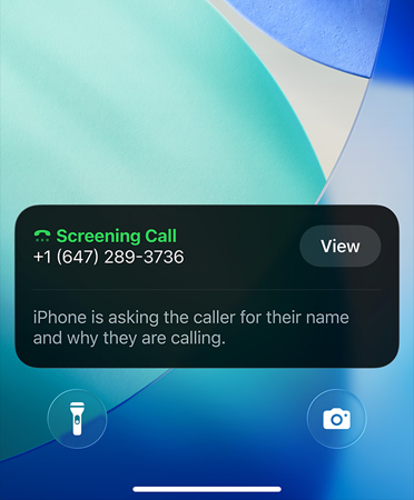 iPhone app showing Call Screening feature in use