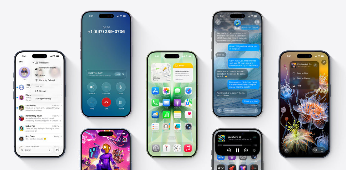 An array of iPhone 17 and 17 Pro devices, each with a different screen showcasing iOS 26 and Apple Intelligence features