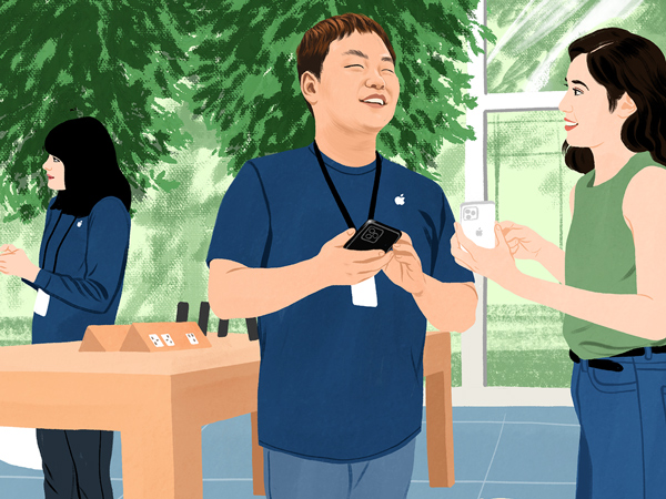 Illustrated portrait of William smiling in the Apple Store.