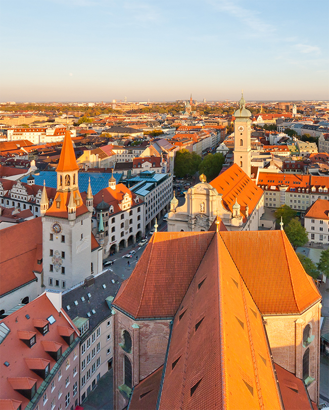 Aerial view of the cityscape in Munich, Germany.