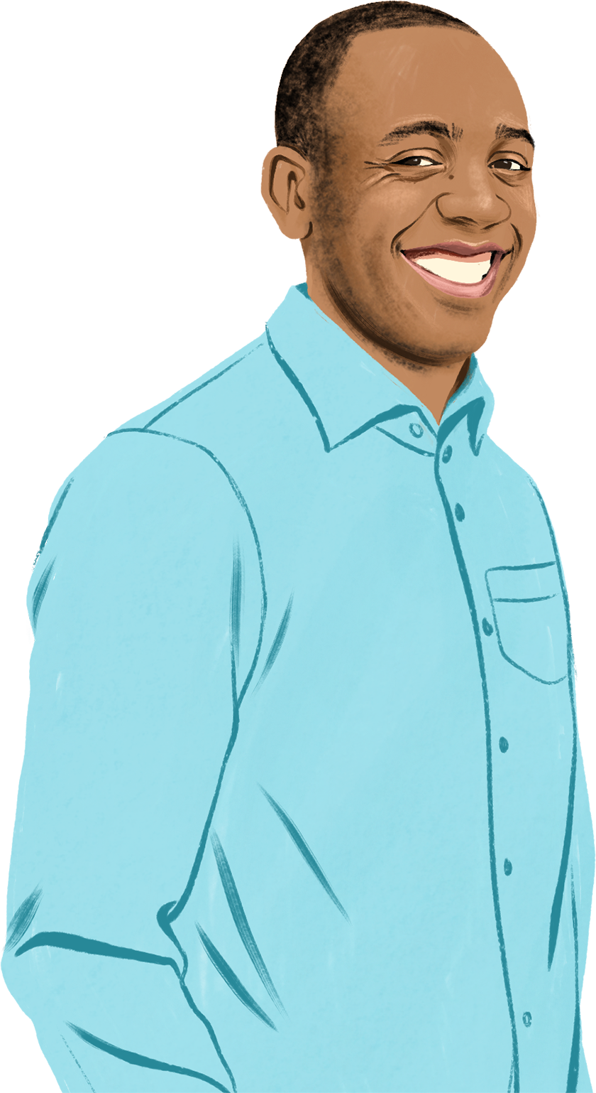 Ilustrovaný portrét Briana, který se s úsměvem dívá na čtenáře. Obklopují ho ikony iPadu a iPhonu a ilustrovaný visací zámek.