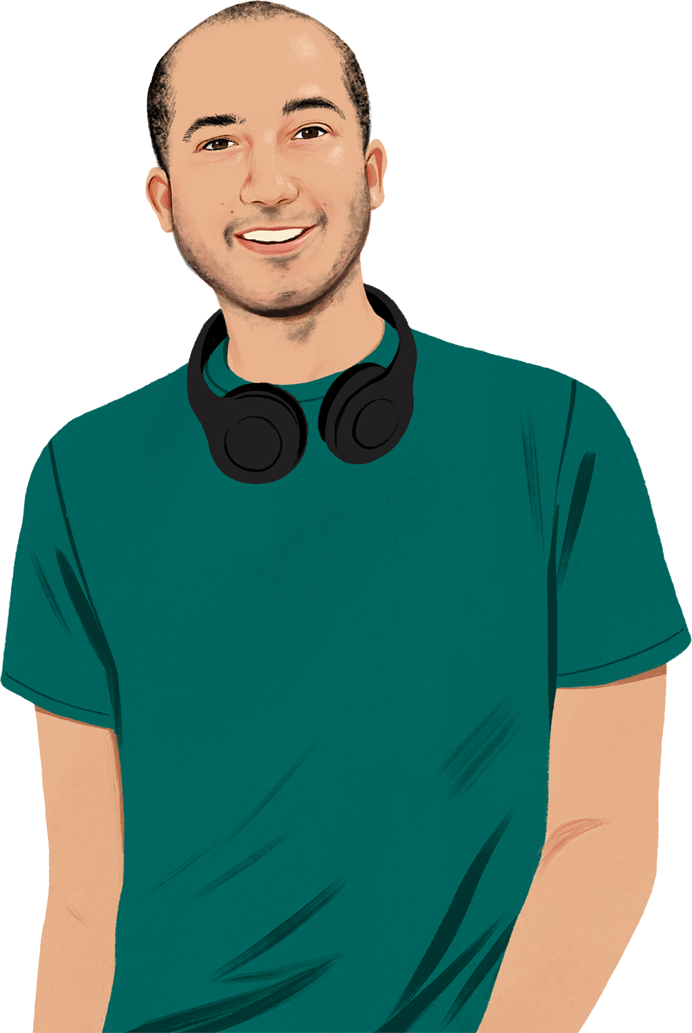 Un dibujo de Chris sonriente, con unos auriculares alrededor del cuello y mirando al lector. Aparece un dibujo de un iPhone que emite ondas sonoras visibles. 