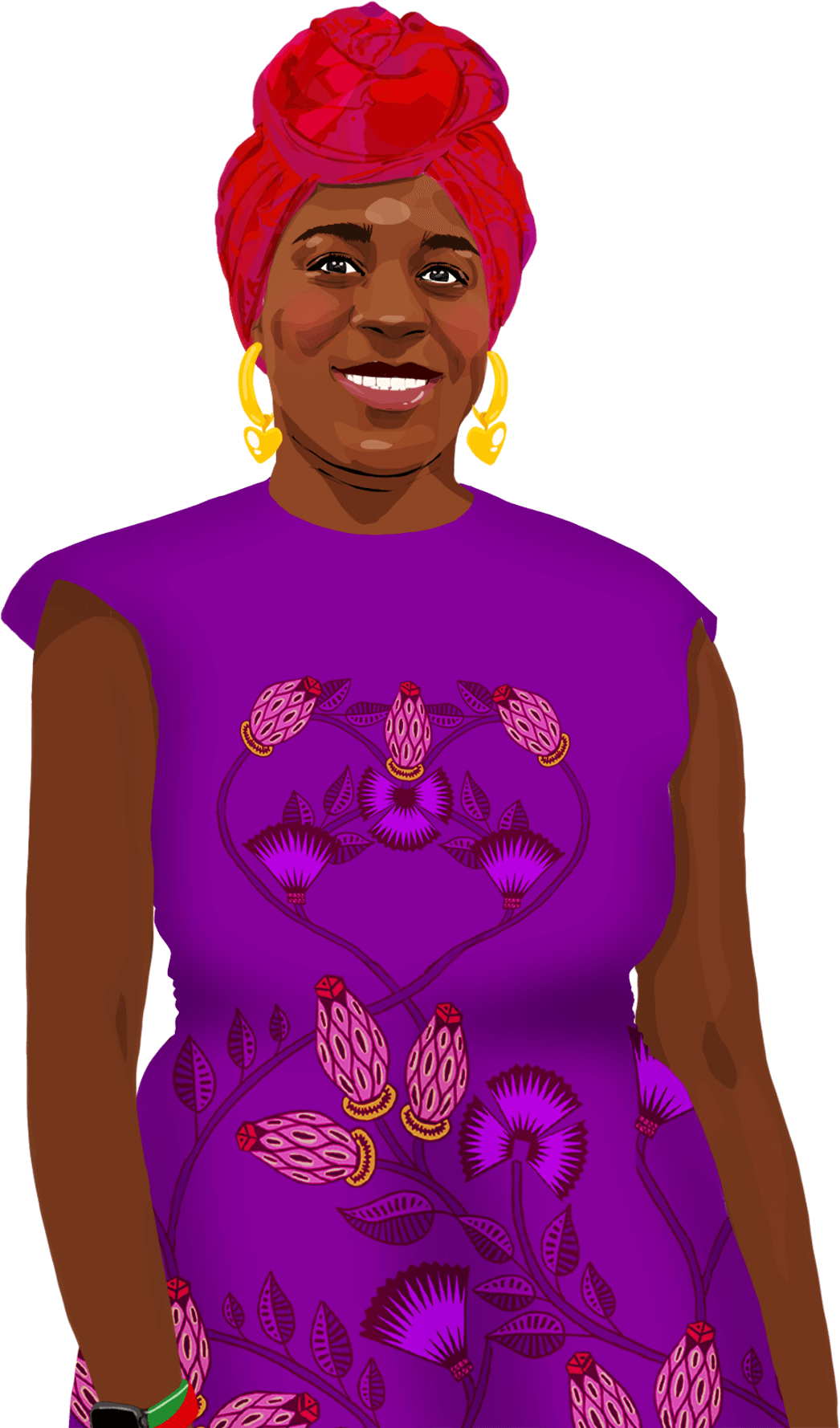 Ilustrovaný portrét Cynthie, která se usmívá a dívá se na čtenáře.