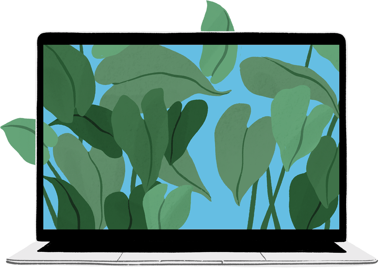 The same portrait is joined by an illustrated MacBook Air enclosure with green leaves flowing from its screen.